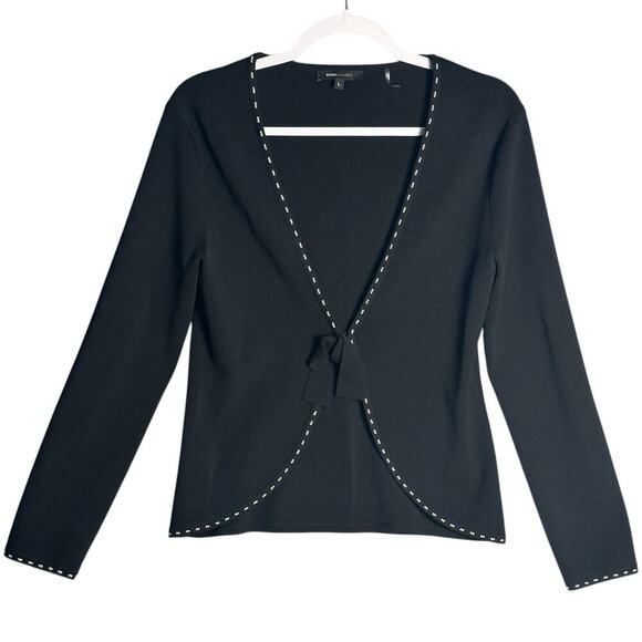 BCBGMaxazria Sz L Black Cardigan Contrast Embroidered White Trim Bow Snap Close‎ - Picture 1 of 10